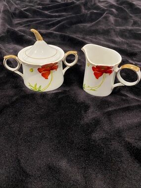 Bombay White Porcelain Sugar Bowl & Creamer with Gold-Trim Handles